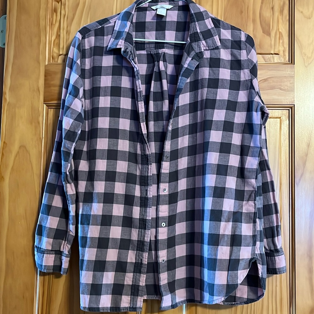 Pink and gray checkered flannel shirt, size medium, worn but good condition.